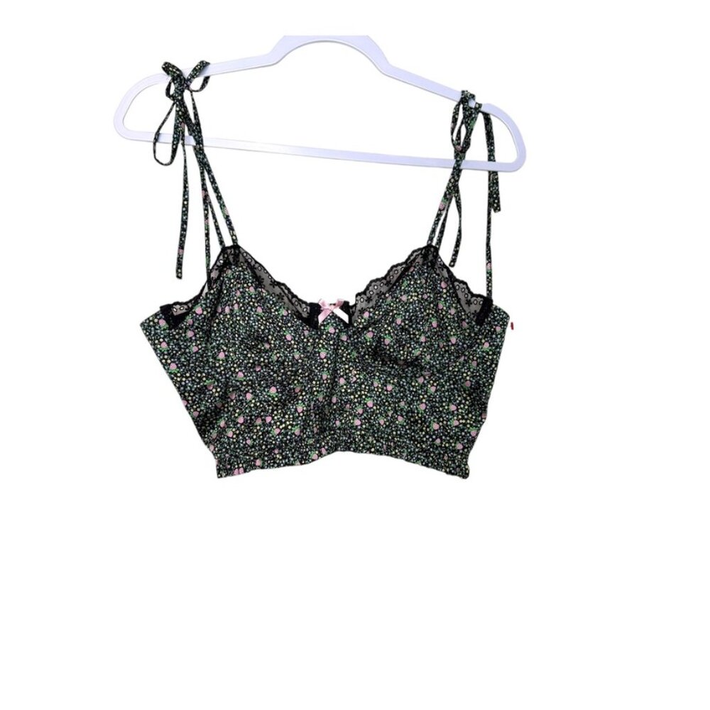 For Love & Lemons Farrah Bustier Women L Green Strawberries Lace Bow Tie Strap